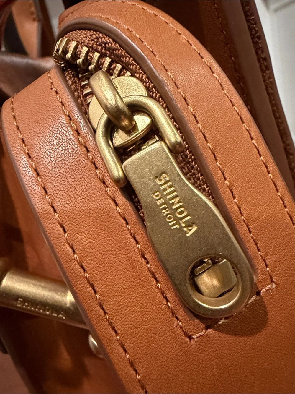 Shinola Cognac Leather Messenger Tote with Striped Shoulder Strap